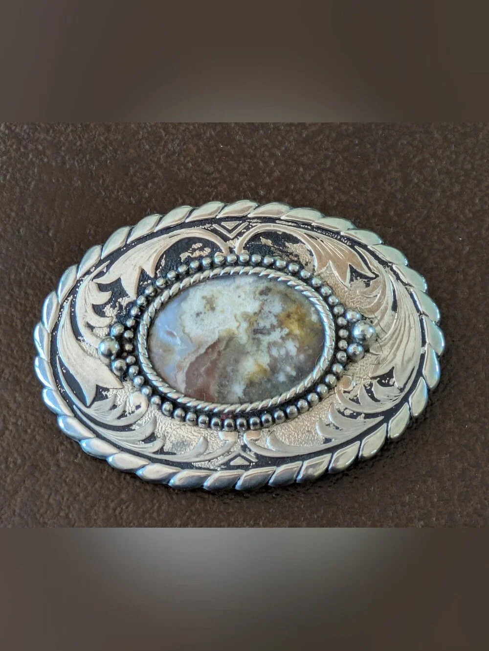 Vintage Americana Western Silver Tone Belt Buckle With Polished Gemstone